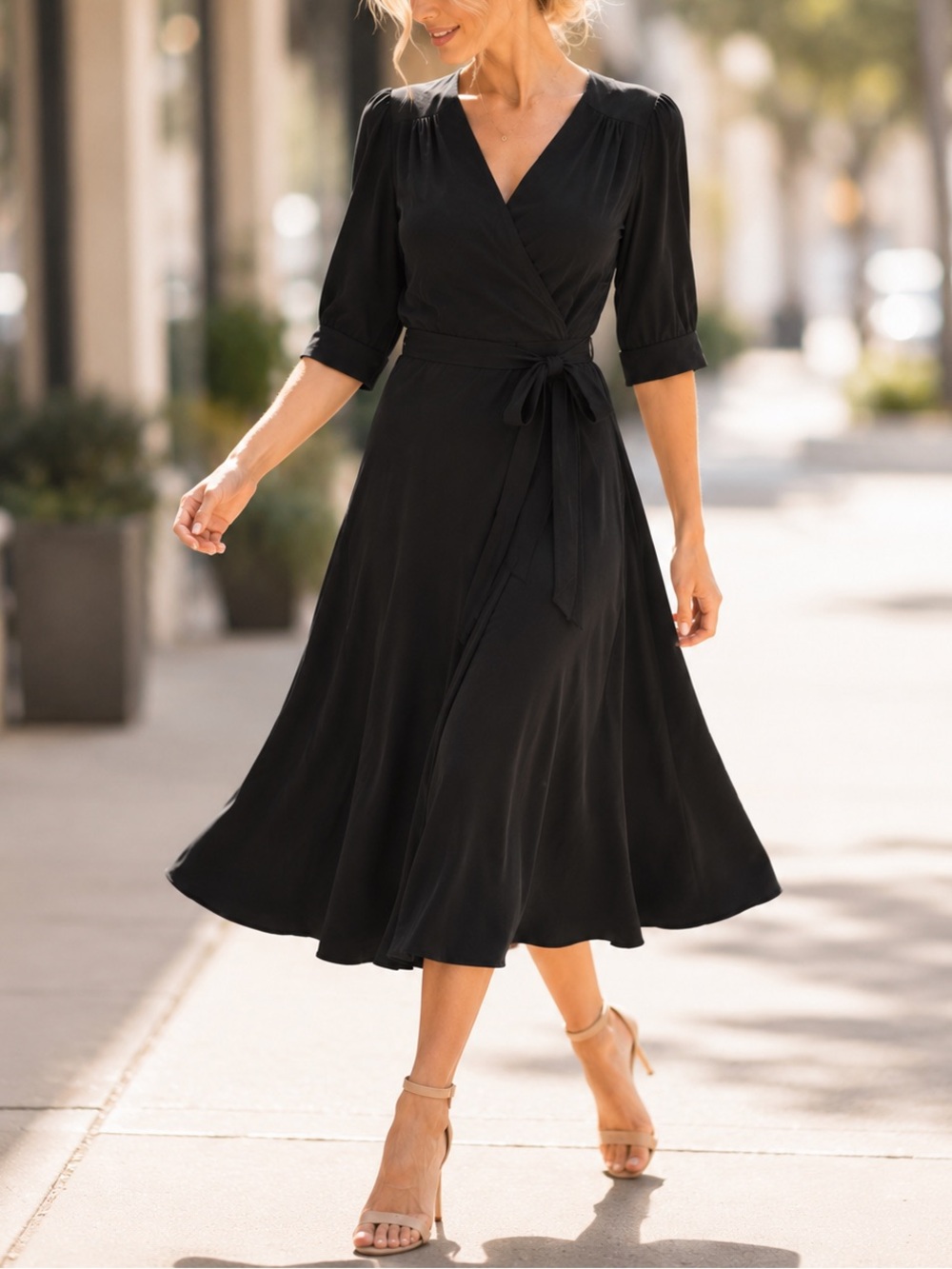 Laundry by Shelli Segal Slinky Black Wrap Midi Dress V Neck Tie Waist Size 8